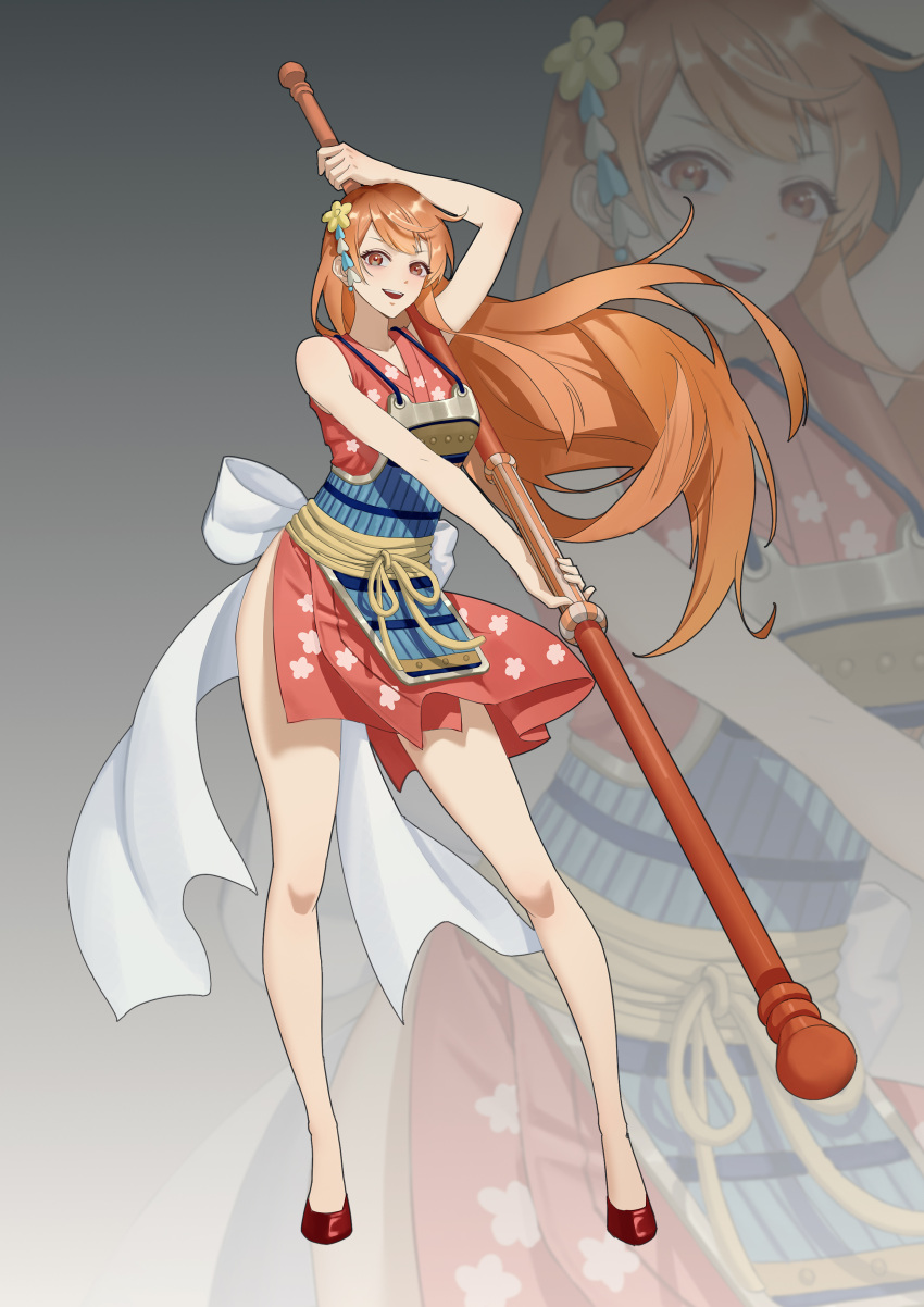 absurdres arm_up armor bare_shoulders clima-tact dress earrings full_body hair_ornament highres holding holding_weapon japanese_armor japanese_clothes jewelry kimono legs long_hair looking_at_viewer nami_(one_piece) one_piece open_mouth orange_eyes orange_hair red_footwear sleeveless weapon witeak