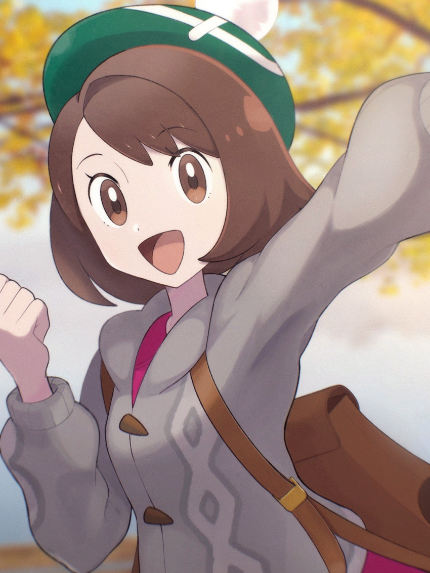1girl :d backpack bag blurry blurry_background bob_cut brown_bag brown_eyes brown_hair buttons cable_knit cardigan clenched_hand collared_dress commentary_request dress gloria_(pokemon) green_headwear grey_cardigan hand_up happy hat highres jeri20 open_mouth outstretched_arm pink_dress pokemon pokemon_(game) pokemon_swsh short_hair smile solo tam_o'_shanter tongue upper_body