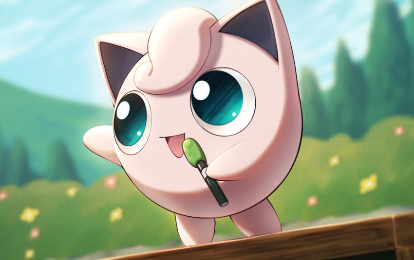 :d blurry blurry_background commentary_request day holding holding_microphone jigglypuff microphone naoki_eguchi no_humans open_mouth outdoors pokemon pokemon_(creature) sky smile solo tree