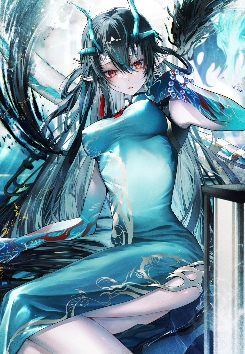 1girl absurdres arknights bead_bracelet beads black_hair bracelet breasts china_dress chinese_clothes covered_nipples dragon dragon_girl dragon_tail dress dusk_(arknights) dusk_(everything_is_a_miracle)_(arknights) earrings highres horns jewelry long_hair medium_breasts nuesawa_kyo pointy_ears red_eyes side_slit tail