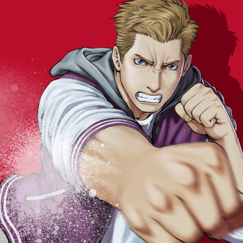 1boy 5tatsu blonde_hair blue_eyes clenched_hand clenched_teeth highres hood hood_down incoming_attack incoming_punch jacket letterman_jacket male_focus punching purple_jacket red_background resident_evil resident_evil:_resistance samuel_jordan shirt short_hair solo teeth upper_body white_shirt white_sleeves