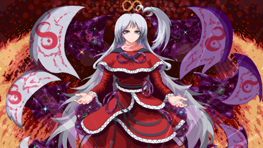 1girl absurdres black_ribbon breasts capelet constellation demon_wings dress english_commentary grey_eyes grey_hair hair_bobbles hair_ornament highres layered_dress long_hair long_sleeves looking_at_viewer medium_breasts multiple_wings neck_ribbon nukekip parted_lips pixel_art purple_ribbon red_capelet red_dress ribbon shinki_(touhou) shiny shiny_hair side_ponytail solo touhou touhou_(pc-98) very_long_hair wide_sleeves wings