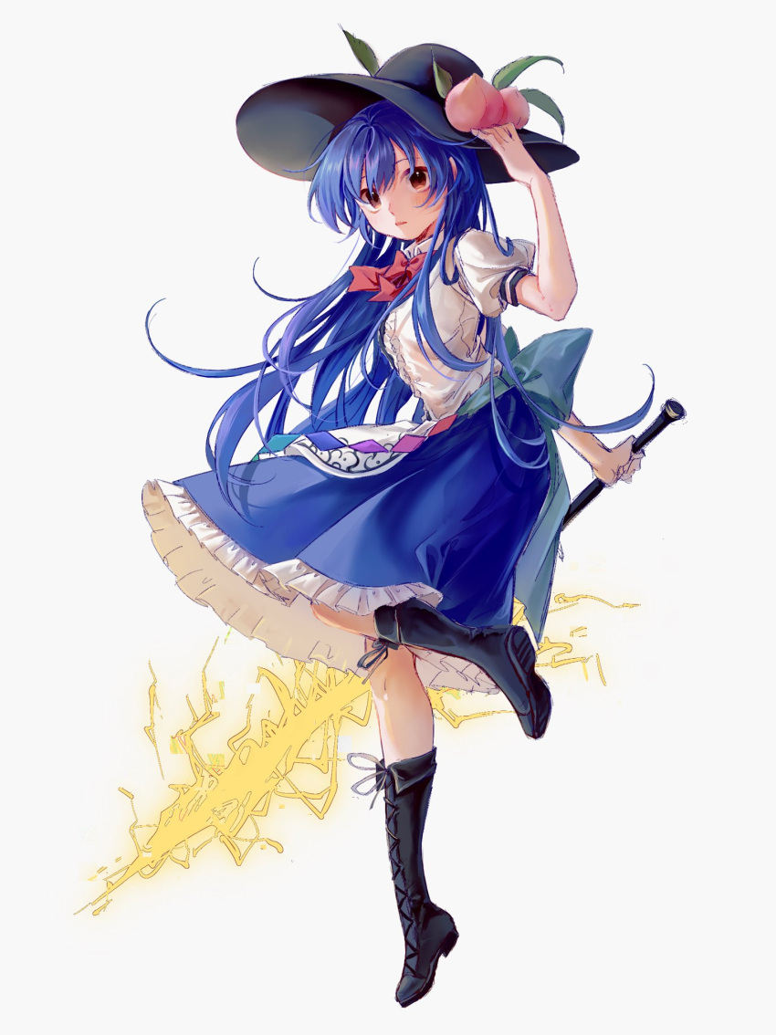1girl 80isiiii arm_up black_footwear black_headwear blue_hair blue_skirt boots bow bowtie cross-laced_footwear expressionless food frills fruit grey_background hat highres hinanawi_tenshi holding holding_sword holding_weapon knee_boots lace-up_boots long_hair looking_at_viewer parted_lips peach puffy_short_sleeves puffy_sleeves red_bow red_bowtie short_sleeves skirt solo standing standing_on_one_leg sword sword_of_hisou touhou very_long_hair weapon