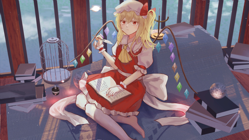 1girl :/ absurdres ascot back_bow barefoot birdcage blonde_hair blush book book_stack bow cage candelabra chinese_commentary closed_mouth collared_shirt commentary_request crystal flandre_scarlet foot_out_of_frame frilled_shirt_collar frilled_skirt frills hat hat_bow highres holding holding_quill indoors inkwell long_hair looking_at_viewer mob_cap one_side_up open_book puffy_short_sleeves puffy_sleeves quill red_bow red_eyes red_skirt red_vest shirt short_sleeves skirt skirt_set solo sparkling_eyes touhou vest wane_(vitamin) white_bow white_headwear white_shirt window wings wrist_cuffs yellow_ascot