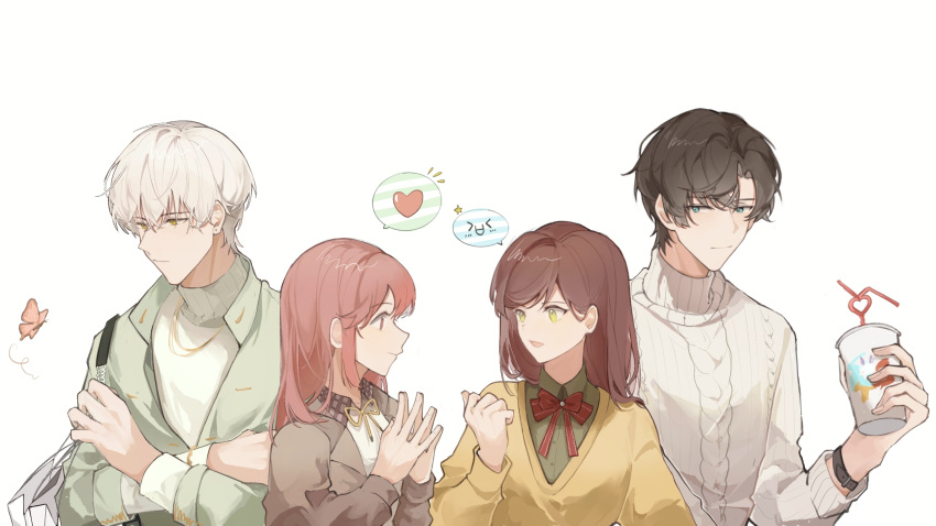 2boys 2girls absurdres artem_wing_(tears_of_themis) bangs blue_eyes bow bowtie brown_eyes brown_hair brown_jacket closed_mouth collared_shirt crossover cup drinking_straw green_eyes green_jacket green_shirt heart highres holding holding_cup jacket light_and_night_love long_hair multiple_boys multiple_girls open_mouth orange_eyes orange_hair protagonist_(light_and_night_love) qi_sili red_bow red_bowtie rosa_(tears_of_themis) shirt simple_background spoken_heart sweater tears_of_themis tucaohezi white_background white_hair white_sweater yellow_bow yellow_bowtie yellow_eyes yellow_jacket
