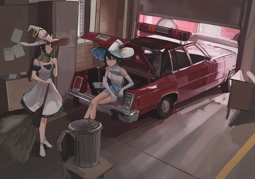 2girls absurdres apron black_hair blue_eyes broom brown_eyes car car_trunk closed_mouth commentary_request dress elbow_gloves garage gloves green_dress ground_vehicle hat highres holding holding_broom long_hair looking_at_viewer motor_vehicle multiple_girls original police_car shoes short_hair sitting sleeveless sleeveless_dress smile trancemana trash_can vehicle_request white_apron white_dress white_footwear white_headwear witch witch_hat