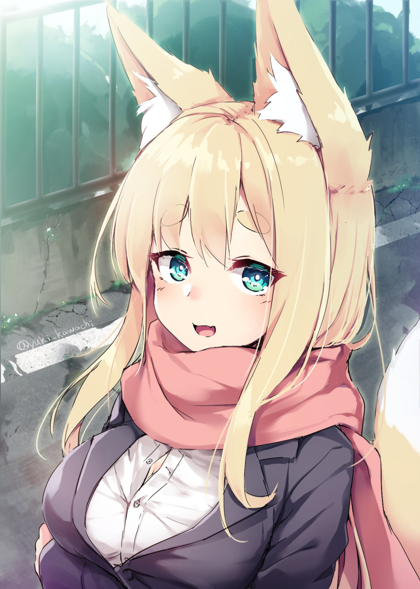 1girl animal_ear_fluff animal_ears aqua_eyes artist_name bangs black_coat blonde_hair breasts buttons coat commentary_request crossed_arms fox_ears fox_girl highres large_breasts long_hair looking_at_viewer open_mouth original partially_unbuttoned red_scarf road scarf shirt short_eyebrows smile solo standing street tail thick_eyebrows upper_body white_shirt yuki_kawachi