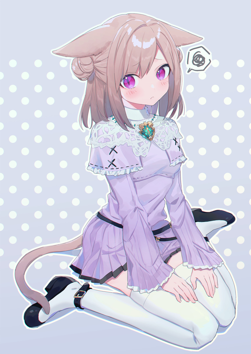 1girl animal_ears avatar_(ff14) cat_ears cat_girl cat_tail dress ears_down final_fantasy final_fantasy_xiv frown full_body funa_(sakana) highres light_brown_hair long_sleeves looking_at_viewer medium_hair miqo'te pleated_dress pleated_sleeves purple_dress sitting slit_pupils squiggle tail thigh-highs violet_eyes wariza white_thighhighs