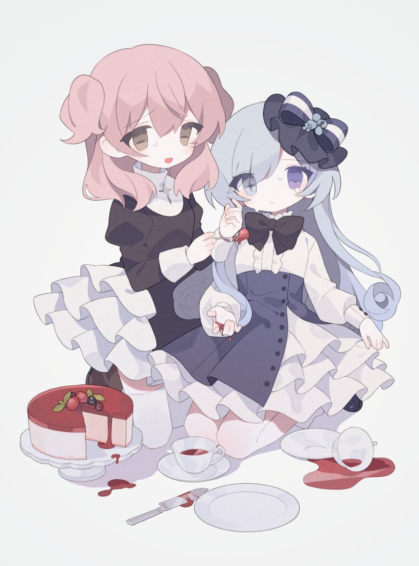2girls :&lt; :d absurdres bangs black_bow black_bowtie black_footwear black_shirt blue_eyes blueberry bow bowtie brown_eyes brown_footwear buttons cake cheesecake closed_mouth clothing_request collared_dress cup curly_hair daizu_(melon-lemon) dress eyes_visible_through_hair food fork frilled_dress frills fruit grey_background heterochromia highres holding holding_fork juliet_sleeves kneehighs knife light_blue_hair long_hair long_sleeves looking_at_viewer medium_hair multiple_girls open_mouth original pink_hair plate puffy_sleeves saucer seiza shadow shirt simple_background sitting smile socks spill star-shaped_pupils star_(symbol) strawberry sweat symbol-shaped_pupils teacup two_side_up violet_eyes white_dress white_socks
