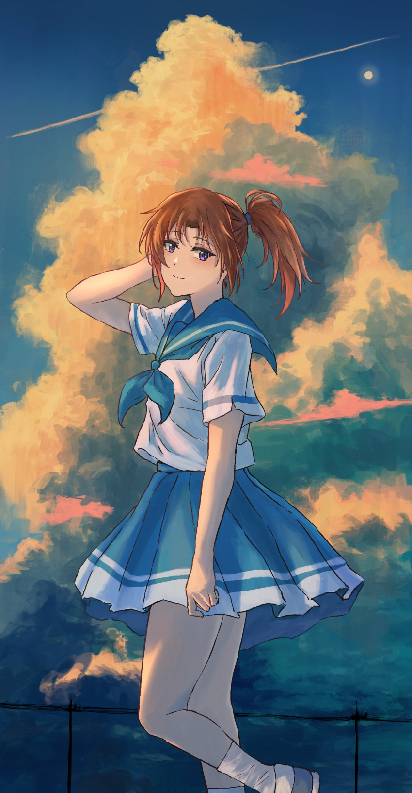 1girl absurdres blue_neckerchief blue_sailor_collar blue_skirt blush brown_hair closed_mouth clouds contrail hand_up hibike!_euphonium highres kitauji_high_school_uniform long_hair looking_at_viewer mellow4043 nakagawa_natsuki neckerchief outdoors pleated_skirt ponytail sailor_collar school_uniform serafuku shirt short_sleeves skirt sky smile solo standing sunset uniform violet_eyes white_shirt