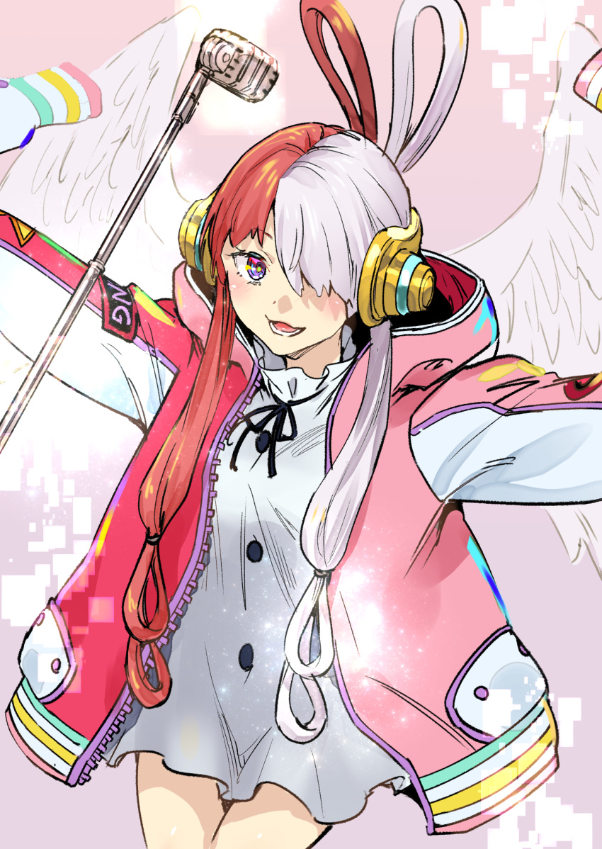 1girl :d akechi_shizuku blush commentary_request dress feathered_wings grey_hair hair_over_one_eye hair_rings highres hood hood_down hooded_jacket jacket long_hair long_sleeves looking_at_viewer microphone microphone_stand multicolored_hair one_piece open_clothes open_jacket outstretched_arms pink_jacket red_jacket redhead smile solo spread_arms two-tone_hair uta_(one_piece) very_long_hair violet_eyes white_dress white_wings wings