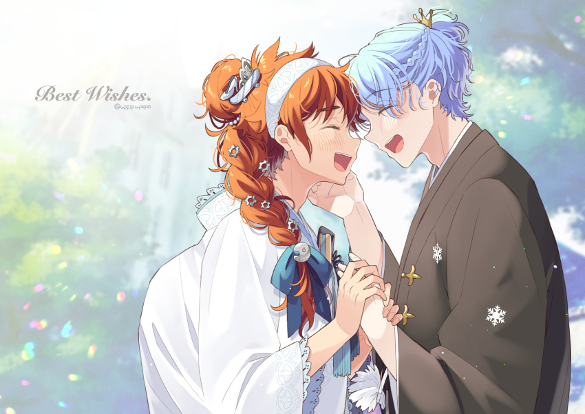 2boys blue_eyes blue_hair bow closed_eyes hair_between_eyes hair_ornament hasegawa_langa headband highres japanese_clothes kyan_reki long_hair male_focus multiple_boys open_mouth otoko_no_ko ponytail redhead short_hair sk8_the_infinity smile uppi