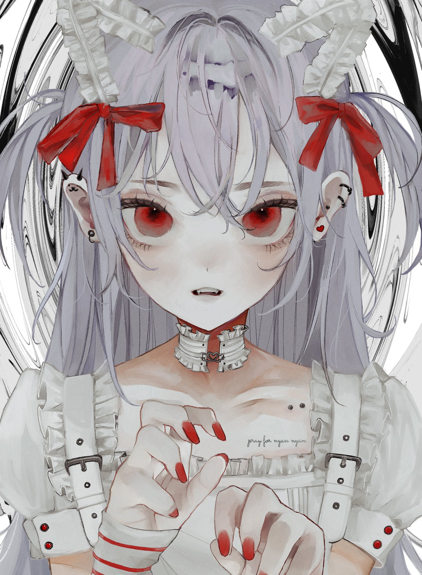 1girl animal_ears bangs body_writing bow buckle buttons character_request claw_pose collar collarbone copyright_request crossed_bangs detached_sleeves dot_nose dress ear_piercing earrings fangs frilled_collar frilled_straps frills hair_between_eyes hair_bow heart heart_earrings highres jewelry long_eyelashes looking_at_viewer nail_polish parted_lips piercing puffy_short_sleeves puffy_sleeves purple_hair red_bow red_eyes red_nails short_sleeves shoulder_strap solo strap striped_sleeves teeth touoo upper_body upper_teeth white_collar white_dress