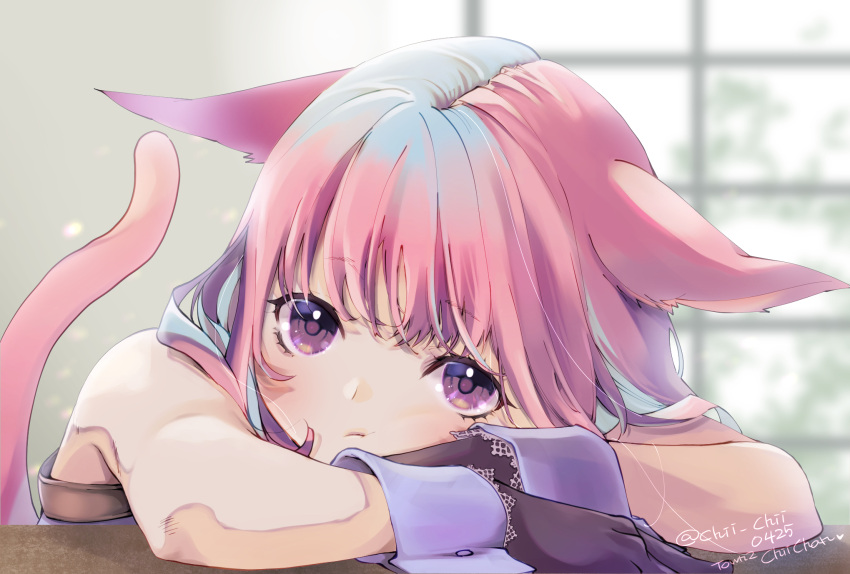 1girl animal_ears avatar_(ff14) cat_ears cat_girl cat_tail chii_(pixiv20756878) final_fantasy final_fantasy_xiv gloves head_rest highres miqo'te pink_hair tail violet_eyes wrist_cuffs