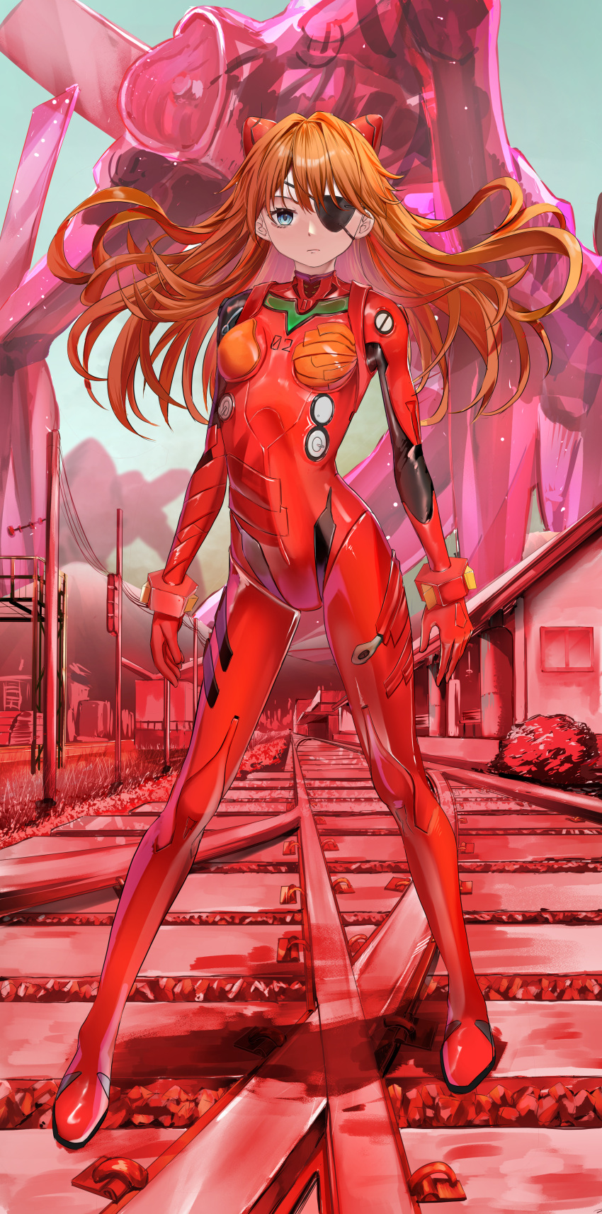 1girl absurdres bangs blue_eyes breasts evangelion:_3.0_you_can_(not)_redo eyepatch full_body headgear highres long_hair neon_genesis_evangelion orange_hair outdoors plugsuit railroad_tracks rebuild_of_evangelion solo souryuu_asuka_langley ugauga1818 utility_pole