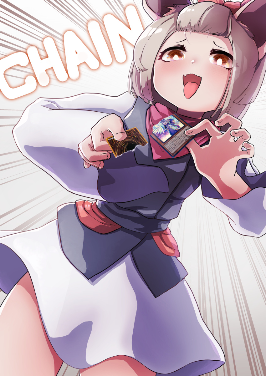1girl absurdres animal_ear_fluff animal_ears ash_blossom_&amp;_joyous_spring blush bow brown_eyes brown_hair c_civciv card commentary duel_monster emphasis_lines english_text evil_smile fang fingernails forehead gameplay_mechanics gesugao hair_bow highres holding holding_card japanese_clothes kimono long_sleeves looking_at_viewer open_mouth pink_bow pink_hair ribbon ripping scarf short_hair short_kimono simple_background skin_fang smile solo speech_bubble tearing_paper the_phantom_knights_of_rusty_bardiche tongue tongue_out trading_card yu-gi-oh!