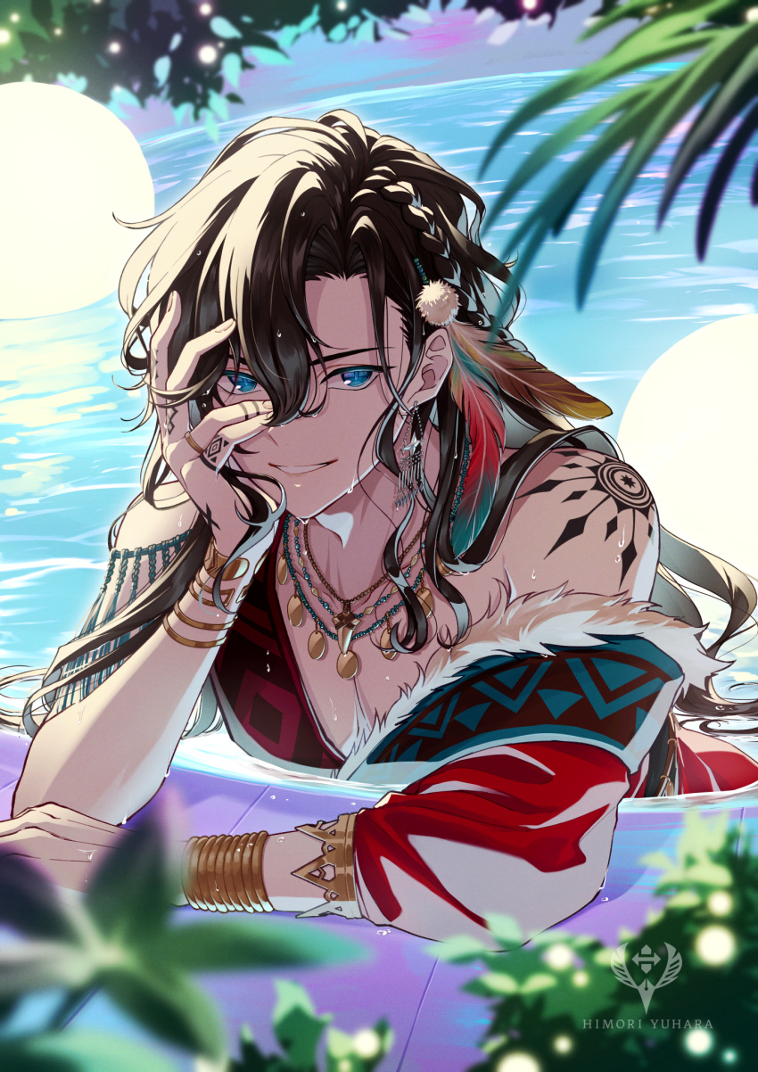 1boy bath bishounen black_hair blue_eyes hair_between_eyes highres himori_yuhara jewelry long_hair looking_at_viewer male_focus original partially_underwater_shot pool poolside ring smile solo tattoo traditional_clothes water wet wet_hair