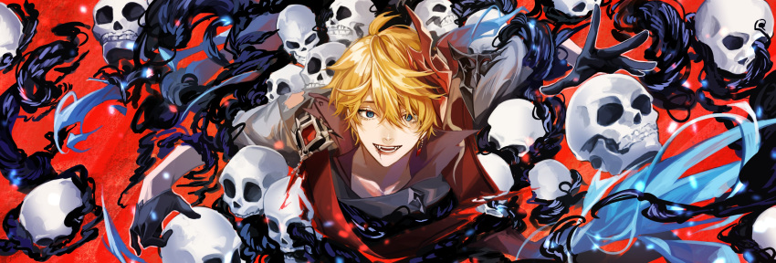 1boy absurdres ahoge bangs black_gloves blood blood_on_face blue_eyes collarbone collared_shirt commentary crescent_(cgcrescent) earrings energy english_commentary eyelashes fangs genshin_impact gloves grey_jacket hair_between_eyes half_gloves highres jacket jewelry long_sleeves looking_at_viewer male_focus mask mask_on_head open_mouth orange_hair red_background red_mask red_scarf red_shirt scarf shirt short_hair sidelocks single_earring skull sleeves_rolled_up smile solo tartaglia_(genshin_impact) teeth tongue upper_body