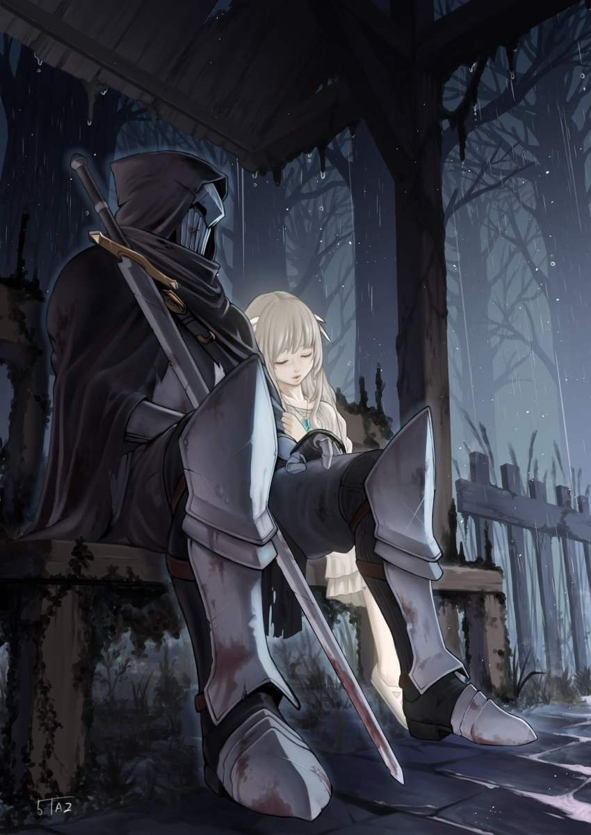 1boy 1girl 5tatsu armor bangs bench black_cloak black_pants blonde_hair blunt_bangs breastplate cloak closed_eyes covered_face dress ender_lilies_quietus_of_the_knights fence flats full_body gauntlets greave_(asterism) hair_ornament helmet highres hood hood_up hooded_cloak jewelry leaning_on_person lily_(ender_lilies) necklace pants picket_fence plate_armor rain sitting sword umbral_knight_(ender_lilies) water_drop weapon white_dress white_footwear wooden_bench wooden_fence