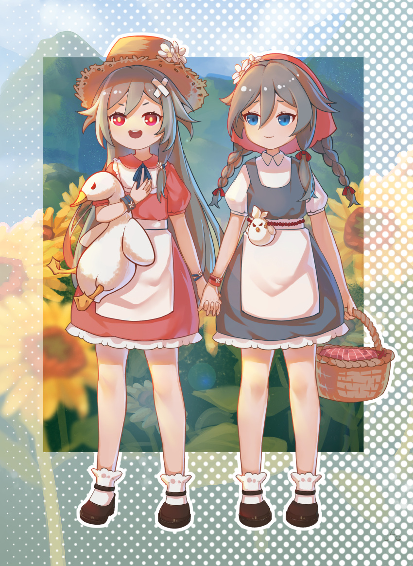 2girls :d absurdres bangs basket black_dress black_footwear black_hair blue_eyes blue_sky bow braid closed_mouth clouds cloudy_sky doll dress dual_persona flower fu_hua fu_hua_(herrscher_of_sentience) hair_bow hat highres holding holding_basket holding_doll holding_hands honkai_(series) honkai_impact_3rd huangtielin357 long_hair multiple_girls open_mouth outdoors pink_dress red_eyes short_sleeves sky smile socks standing sun_hat sunflower twin_braids white_socks younger