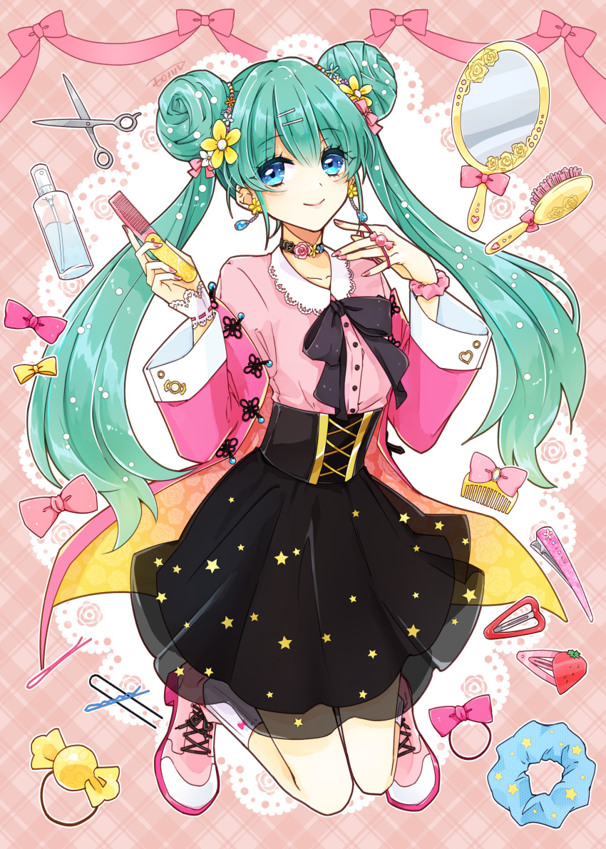 1girl absurdres bangs blue_eyes blue_hair blush bottle bow choker collared_shirt comb double_bun earrings flower flower_earrings food-themed_hair_ornament hair_brush hair_bun hair_flower hair_ornament hair_tie hairclip hairpin hand_mirror hatsune_miku highres holding holding_comb jacket jewelry layered_skirt long_hair mirror moroboshi_haru nail_polish neck_ribbon off_shoulder perfume_bottle ribbon scissors scrunchie shirt shirt_tucked_in shoes skirt smile sneakers socks solo strawberry_hair_ornament twintails underbust very_long_hair vocaloid wrist_cuffs wrist_scrunchie