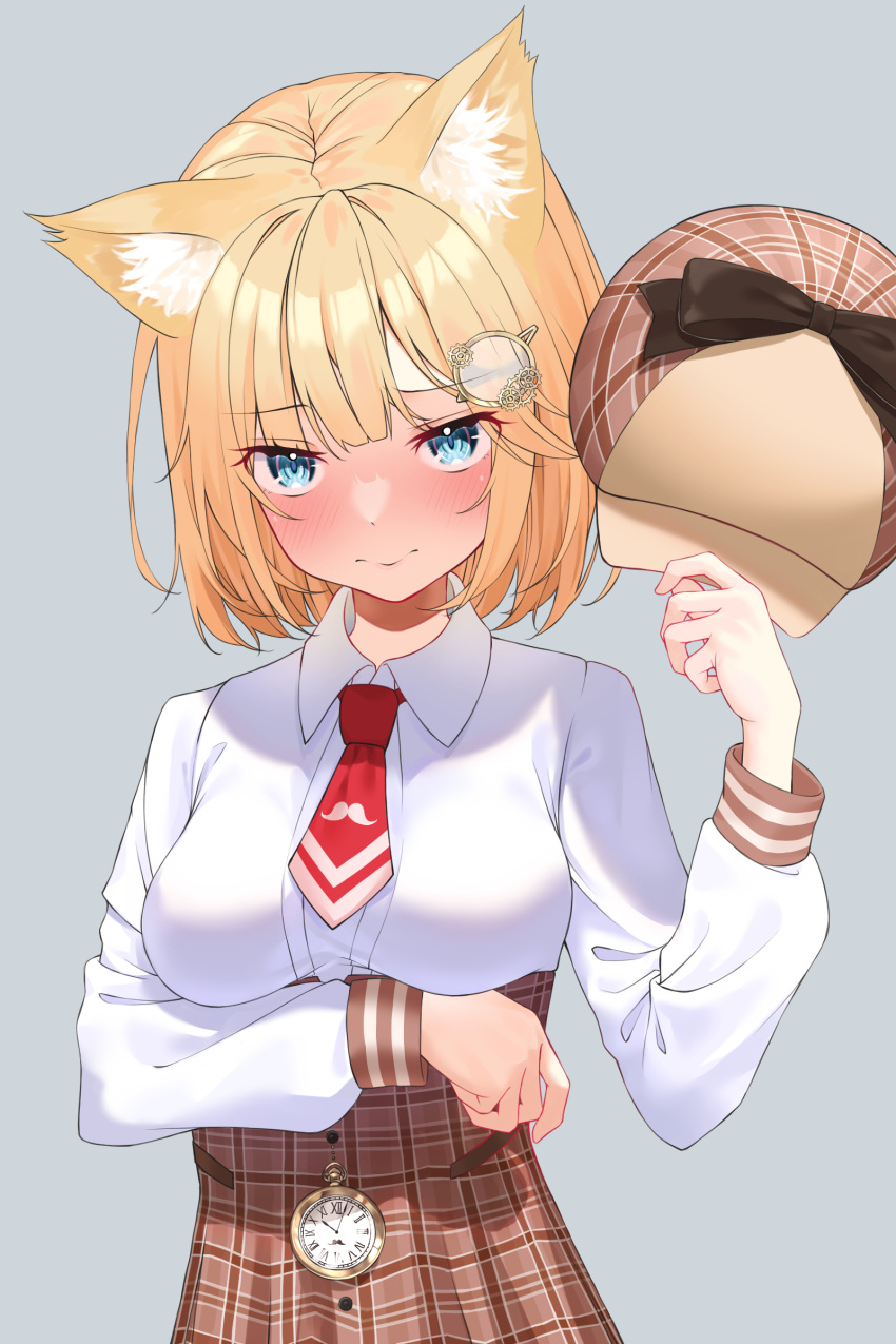 1girl absurdres animal_ear_fluff animal_ears bangs blonde_hair blue_eyes blush breasts brown_skirt cat_ears closed_mouth collared_shirt grey_background hair_ornament hat hat_removed headwear_removed high-waist_skirt highres holding holding_clothes holding_hat hololive hololive_english kiaoekakishitai long_sleeves looking_at_viewer medium_breasts monocle_hair_ornament necktie plaid plaid_skirt pocket_watch red_necktie shirt short_hair simple_background skirt solo virtual_youtuber watch watson_amelia white_shirt