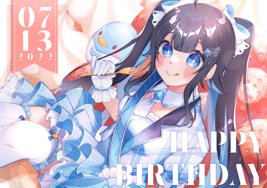 +_+ 1girl :p absurdres bangs black_hair blazer blue_eyes blush bow dated detached_collar food fork frilled_skirt frills fruit gloves hair_bow hair_ornament happy_birthday highres hin_ata_696 holding_utensil indie_virtual_youtuber jacket long_hair necktie sash sitting skirt smile solo strawberry stuffed_animal stuffed_penguin stuffed_toy thigh-highs tongue tongue_out twintails very_long_hair virtual_youtuber yuki_michiru