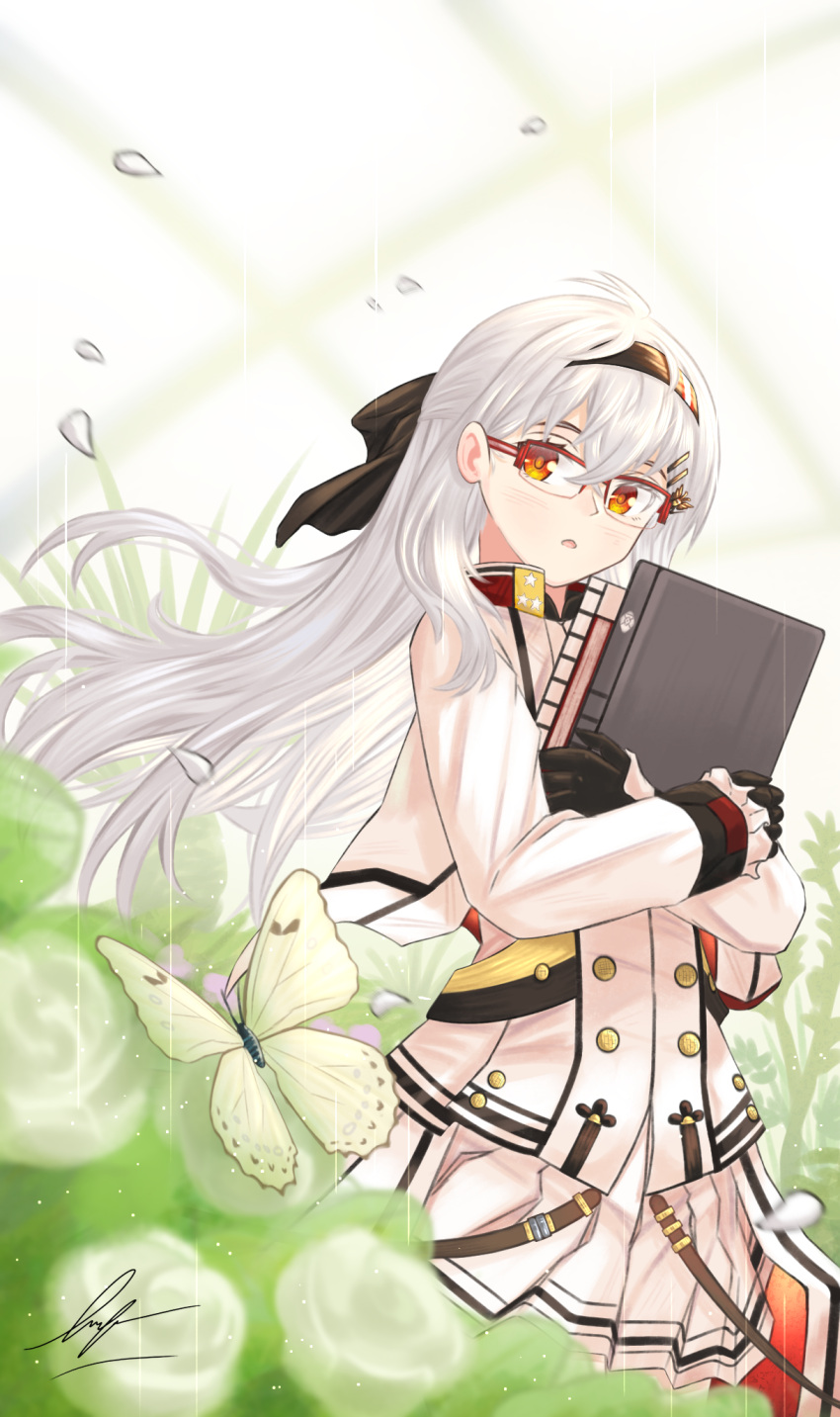 1girl :o artist_name bangs black_gloves black_hairband black_ribbon blurry blurry_background blush book bug butterfly crossed_arms feet_out_of_frame girls_frontline glasses gloves green_butterfly hair_ornament hair_ribbon hairband hairclip highres holding holding_book iws_2000_(girls'_frontline) jacket long_hair long_sleeves looking_at_viewer open_mouth orange_eyes ribbon skirt solo standing uniform unitaka white_hair white_jacket white_skirt