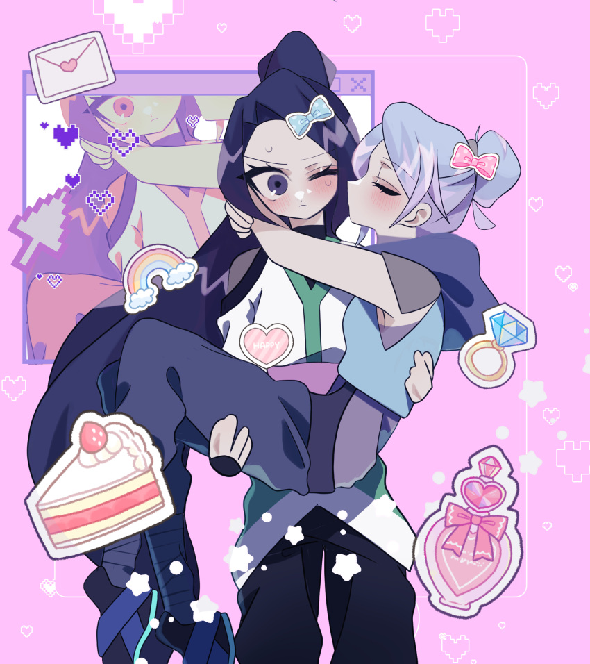 2girls black_hair black_pants blue_bow blue_jacket blush bottle bow cake carrying cropped_jacket diamond_(gemstone) food fruit grey_hair grey_robe hair_bow hair_bun hatoya_(53oekakichan) head_tilt highres hood hooded_jacket jacket jett_(valorant) jewelry kiss kissing_cheek long_hair multiple_girls one_eye_closed pants perfume_bottle pink_background ponytail princess_carry ring robe sage_(valorant) sleeveless sleeveless_jacket strawberry surprised v-shaped_eyebrows valorant very_long_hair yuri