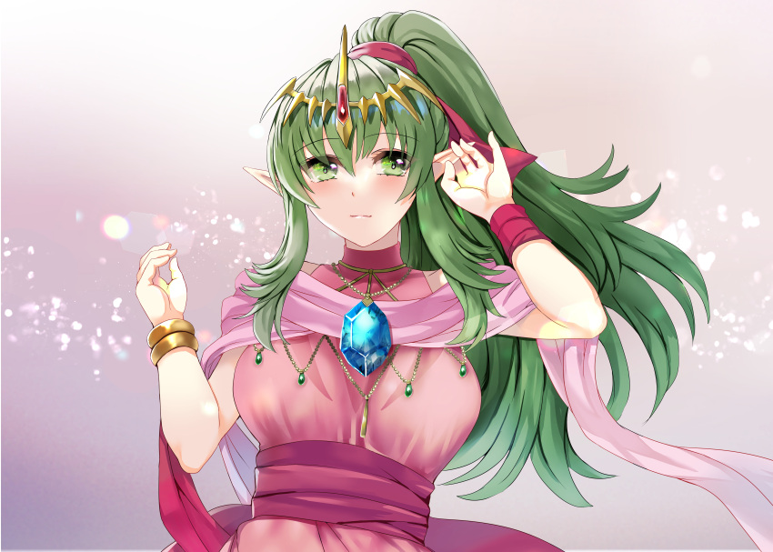 1girl absurdres blush breasts dragonstone dress fire_emblem fire_emblem:_mystery_of_the_emblem fire_emblem_awakening fire_emblem_heroes green_eyes green_hair hand_up highres jewelry large_breasts light_particles light_rays long_hair necklace official_alternate_costume pink_dress pointy_ears ponytail short_dress simple_background solo stone tara_(szzj7733) tiara tiki_(fire_emblem) upper_body