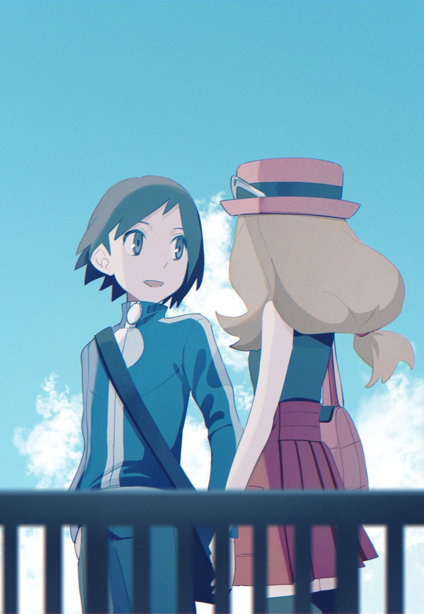 1boy 1girl absurdres asagiri_kogen bag bangs black_hair blue_jacket brown_hair calem_(pokemon) clouds commentary_request day eyewear_on_headwear grey_eyes hat high-waist_skirt highres jacket long_hair open_mouth outdoors pink_headwear pokemon pokemon_(game) pokemon_xy red_skirt serena_(pokemon) shirt short_hair skirt sky sleeveless sleeveless_shirt smile sunglasses thigh-highs white-framed_eyewear