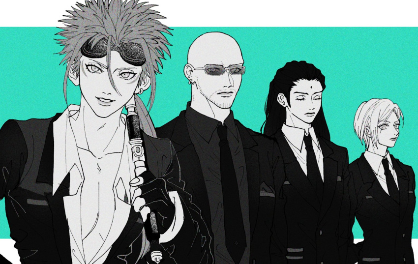 1girl 3boys aqua_background bald baton_(weapon) bindi black_hair black_jacket black_necktie black_shirt breasts closed_eyes collarbone collared_shirt earrings elena_(ff7) facial_hair facial_mark final_fantasy final_fantasy_vii final_fantasy_vii_remake goatee goggles goggles_on_head hair_between_eyes jacket jewelry letterboxed long_hair looking_at_viewer low_ponytail medium_breasts monochrome multiple_boys multiple_earrings necktie neko_1103 open_collar over_shoulder parted_lips pectorals reno_(ff7) rude_(ff7) shirt short_hair_with_long_locks single_earring smile spiky_hair spot_color sunglasses tseng upper_body weapon weapon_over_shoulder white_shirt