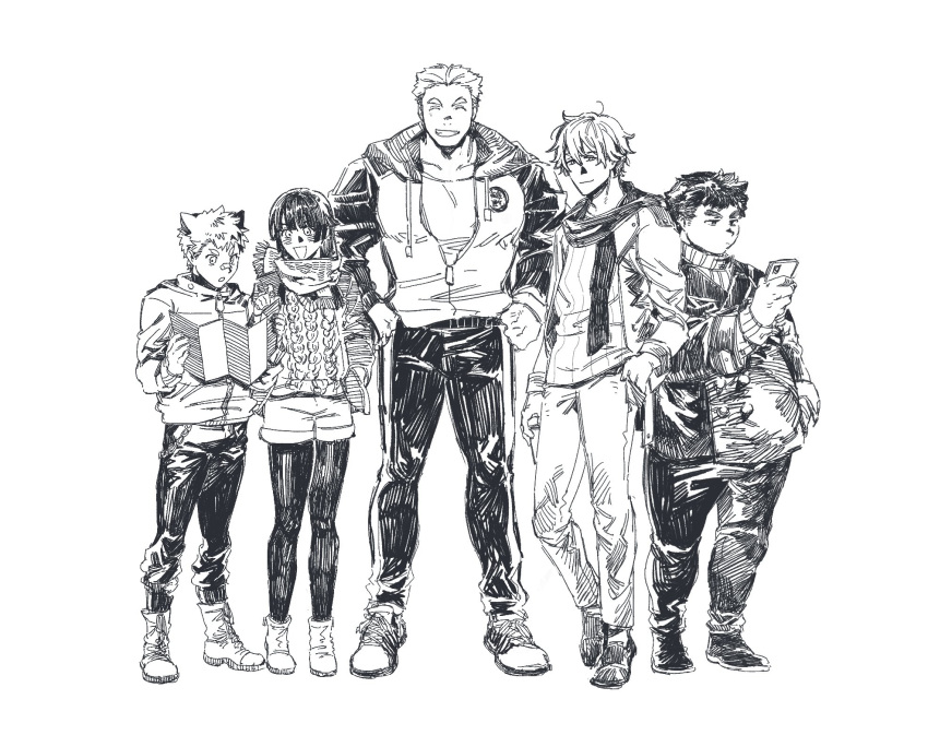 1girl 4boys blackcatlandr boots full_body greyscale grin hand_up height_difference highres holding holding_map holding_phone hood hooded_jacket jacket long_hair map master_1_(housamo) master_2_(housamo) master_3_(housamo) master_4_(housamo) master_5_(housamo) monochrome multiple_boys muscular muscular_male open_clothes open_jacket partially_unzipped phone plump scarf shoes shorts smile sneakers sweater thigh-highs tokyo_afterschool_summoners turtleneck turtleneck_sweater white_background