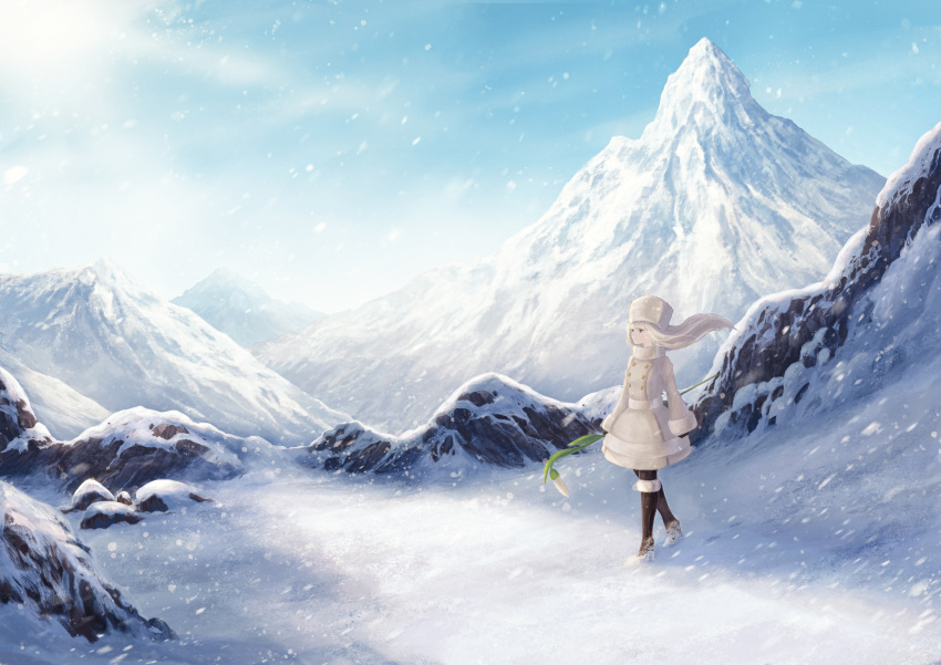 1girl absurdres bangs boots coat day flower fur-trimmed_coat fur_hat fur_trim hat high_heel_boots high_heels highres holding holding_flower isa_yuuri knee_boots long_hair mountain original outdoors papakha scenery sky snow snowing solo walking white_hair wind