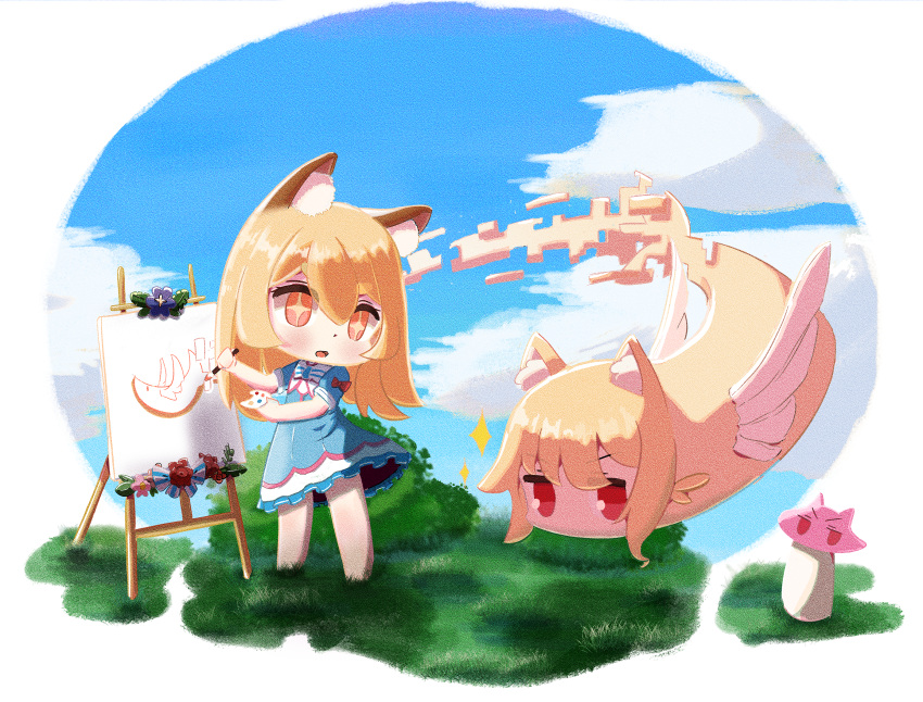 +_+ 2girls absurdres animal animal_ear_fluff animal_ears animalization bangs blonde_hair blue_dress blue_sky borrowed_character bow bush canvas_(object) clouds commentary_request day dress fish flower fox_ears hair_between_eyes highres holding holding_paintbrush kemomimi-chan_(naga_u) multiple_girls mushroom orange_eyes original paintbrush palette_(object) parted_lips pink_flower puffy_short_sleeves puffy_sleeves purple_flower red_bow red_eyes red_flower red_rose resist_(2826335) rose short_sleeves sky sparkle standing v-shaped_eyebrows