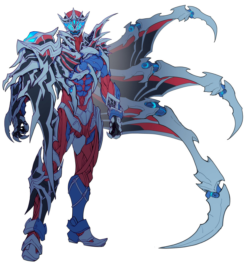 1boy absurdres armor asymmetrical_armor cape catball1994 claws full_armor full_body glowing glowing_eyes helmet highres kamen_rider kamen_rider_demons kamen_rider_revice male_focus silk solo spider_genome spider_web spider_web_print spiked_armor tokusatsu white_background