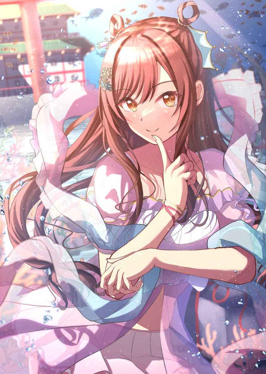 1girl air_bubble alternate_hairstyle bangs blush bracelet bubble citrusmikan closed_mouth collarbone coral coral_hair_ornament cosplay finger_to_mouth fish hagoromo hair_ornament hair_rings hand_up highres idolmaster idolmaster_shiny_colors index_finger_raised jewelry long_hair looking_at_viewer official_alternate_costume orihime orihime_(cosplay) osaki_amana pink_skirt pleated_skirt puffy_short_sleeves puffy_sleeves redhead shawl short_sleeves skirt smile solo submerged swept_bangs underwater water yellow_eyes