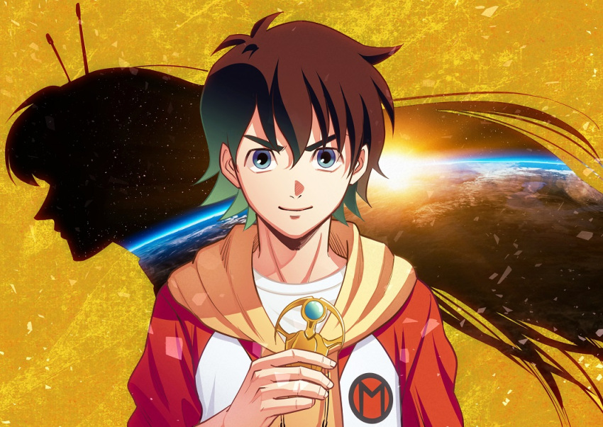 1boy amulet antennae blue_eyes character_request clouds commentary_request earth_(planet) fake_screenshot green_(gurin) holding hood in_orbit introduction logo long_hair looking_at_viewer magma_taishi magma_taishi_(character) murakami_mamoru original planet redesign scarf serious shadow space star_(sky) sun sunrise sweater upper_body very_long_hair when_you_see_it