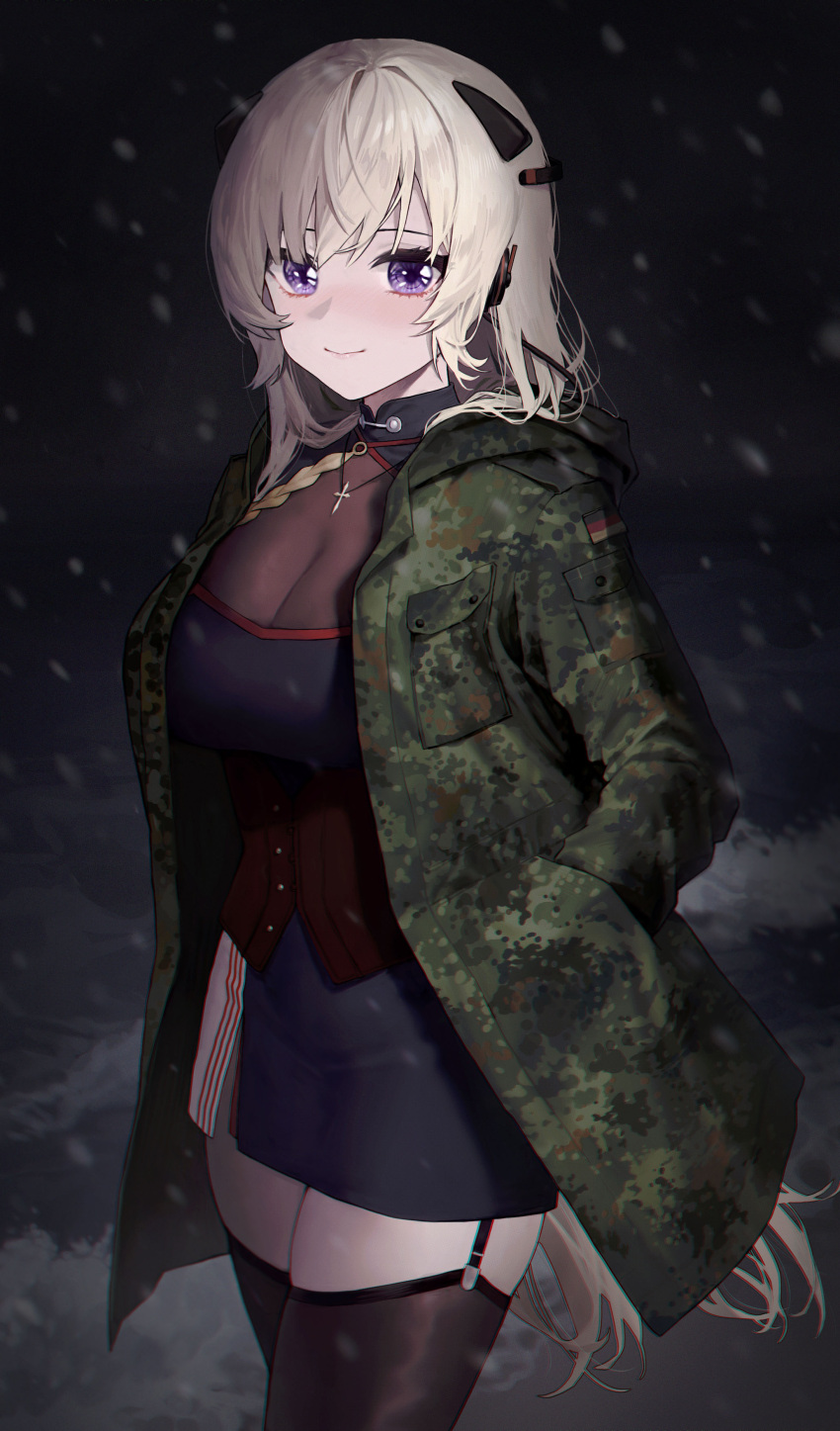 1girl absurdres black_corset black_dress black_thighhighs blonde_hair blush corset cowboy_shot cross cross_necklace dress flecktarn g3_(girls'_frontline) garter_straps german_flag girls_frontline hairband hands_in_pockets highres jewelry kir_(khw66136132) military_jacket mod3_(girls'_frontline) necklace night snowing solo thigh-highs violet_eyes