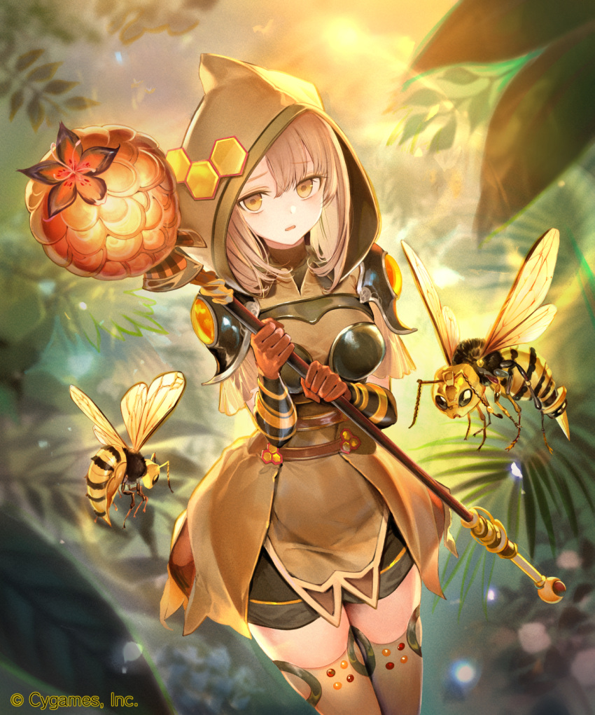 1girl armor bangs breasts brown_eyes brown_gloves brown_hair dress dutch_angle gloves highres holding holding_staff hood hood_up kouyafu looking_at_viewer medium_breasts shadowverse short_hair shoulder_armor solo staff thigh-highs wasp