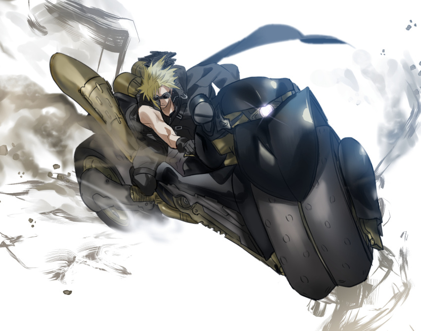 1boy black_gloves black_pants black_shirt blonde_hair cloud_strife dust_cloud final_fantasy final_fantasy_vii final_fantasy_vii_advent_children full_body gloves goggles ground_vehicle headlight male_focus mikuroron on_motorcycle open_collar pants shirt short_hair solo spiky_hair waist_cape white_background