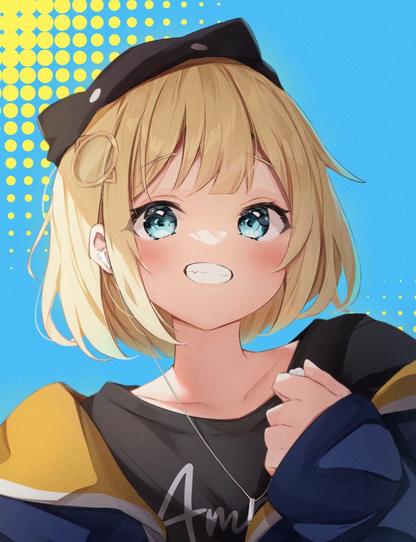 1girl black_headwear black_shirt blonde_hair blue_background blue_eyes blue_jacket blush character_name clothes_writing collarbone grin hair_ornament halftone halftone_background hand_up hat highres hololive hololive_english jacket long_sleeves looking_at_viewer puffy_long_sleeves puffy_sleeves seboneko shirt short_hair sleeves_past_wrists smile solo upper_body virtual_youtuber watson_amelia