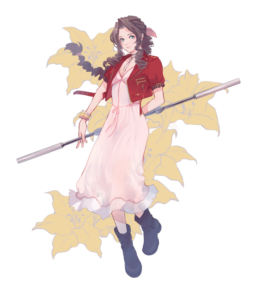 1girl absurdres aerith_gainsborough arm_behind_back bangle bangs boots bracelet braid braided_ponytail breasts brown_hair choker cropped_jacket curly_hair demi_co dress final_fantasy final_fantasy_vii final_fantasy_vii_remake floral_background flower flower_choker full_body green_eyes hair_ribbon highres holding holding_staff jacket jewelry long_dress long_hair looking_at_viewer medium_breasts parted_bangs pink_dress pink_ribbon red_jacket ribbon short_sleeves sidelocks smile solo staff white_background yellow_flower