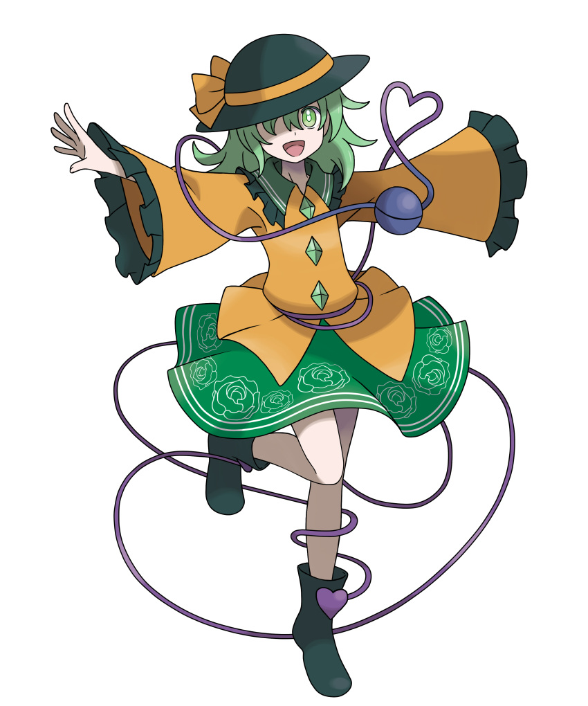 1girl absurdres asatsuki_(fgfff) black_footwear black_headwear boots bow buttons collared_shirt commentary_request diamond_button eyeball floral_print frilled_shirt_collar frilled_sleeves frills full_body green_eyes green_hair green_skirt hair_over_one_eye hat hat_bow hat_ribbon heart heart_of_string highres komeiji_koishi leg_up long_sleeves medium_hair open_mouth outstretched_arms ribbon rose_print shirt skirt sleeves_past_wrists standing standing_on_one_leg sugimori_ken_(style) third_eye tiptoes touhou wide_sleeves yellow_ribbon yellow_shirt