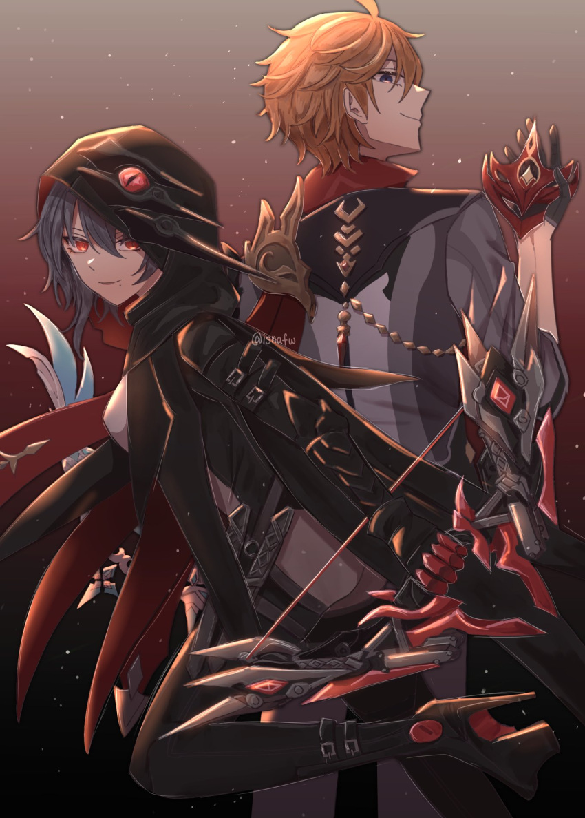 1boy 1girl ahoge bangs black_bodysuit black_cape black_gloves black_hair blue_eyes bodysuit boots bow_(weapon) cape closed_mouth company_connection crossover genshin_impact gloves grey_jacket high_heel_boots high_heels highres holding holding_bow_(weapon) holding_mask holding_weapon honkai_(series) honkai_impact_3rd isnafw jacket long_sleeves looking_at_viewer looking_back mask mihoyo mole mole_under_mouth orange_hair raven_(honkai_impact) short_hair sleeves_past_elbows smile tartaglia_(genshin_impact) violet_eyes weapon