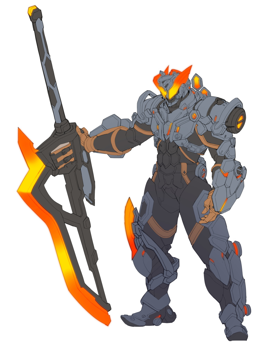 1boy absurdres armor armored_boots black_armor bodysuit boots buster_sword catball1994 full_body genbu_shinwa glowing glowing_eyes highres holding holding_weapon huge_weapon kamen_rider kamen_rider_buster kamen_rider_saber_(series) orange_eyes stylistic sword visor weapon