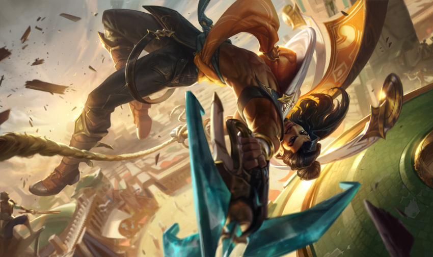 1boy abs akshan_(league_of_legends) armpits beard black_hair boots brown_eyes clouds cloudy_sky dark-skinned_male dark_skin esben_lash_rasmussen facial_hair gun highres league_of_legends leather leather_belt leather_boots leather_pants long_hair looking_at_viewer male_focus manly mature_male muscular muscular_male no_shirt outdoors pants pectorals ponytail rope scarf sky smirk solo sun sunlight sunset town weapon wood