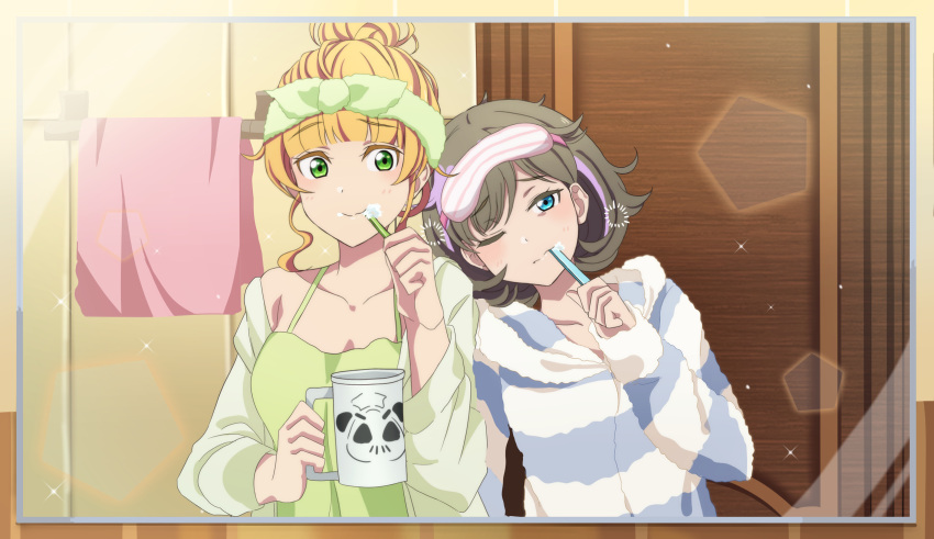 2girls alternate_hairstyle bathroom blindfold blue_eyes blue_pajamas blush brushing_teeth closed_mouth cup door frown green_eyes green_pajamas grey_hair hair_bun head_on_another's_shoulder head_rest heanna_sumire highres holding holding_cup long_hair looking_at_mirror love_live! love_live!_superstar!! mask mirror morning mug multiple_girls one_eye_closed pajamas short_hair sleep_mask sleepy smile striped striped_pajamas tang_keke toothbrush toothpaste towel yumel_lot