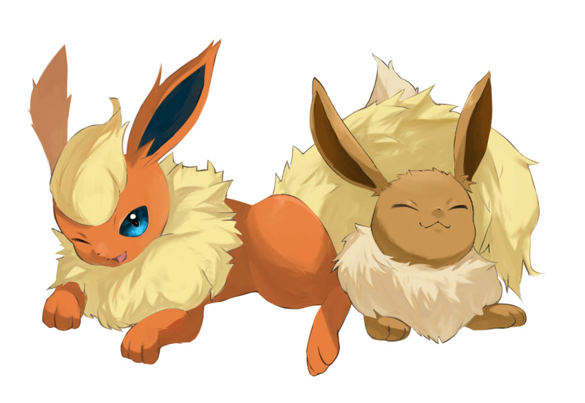 :3 blue_eyes closed_eyes closed_mouth commentary_request eevee flareon highres horezai looking_at_viewer no_humans one_eye_closed open_mouth pokemon pokemon_(creature) smile