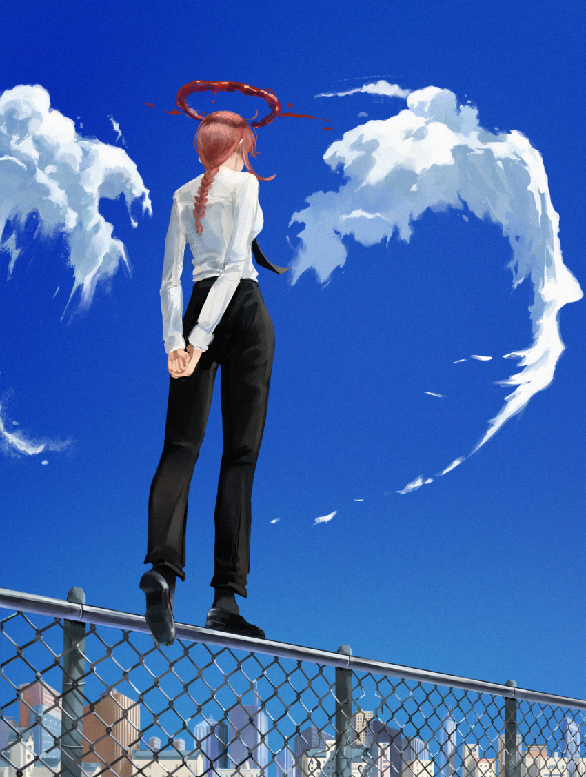 absurdres arms_behind_back black_footwear black_necktie black_socks blood blue_sky bonsachoi braid building chain-link_fence chainsaw_man clouds dark_halo fake_wings fence film_grain halo highres long_hair makima_(chainsaw_man) necktie orange_hair outdoors ponytail sky socks walking wings